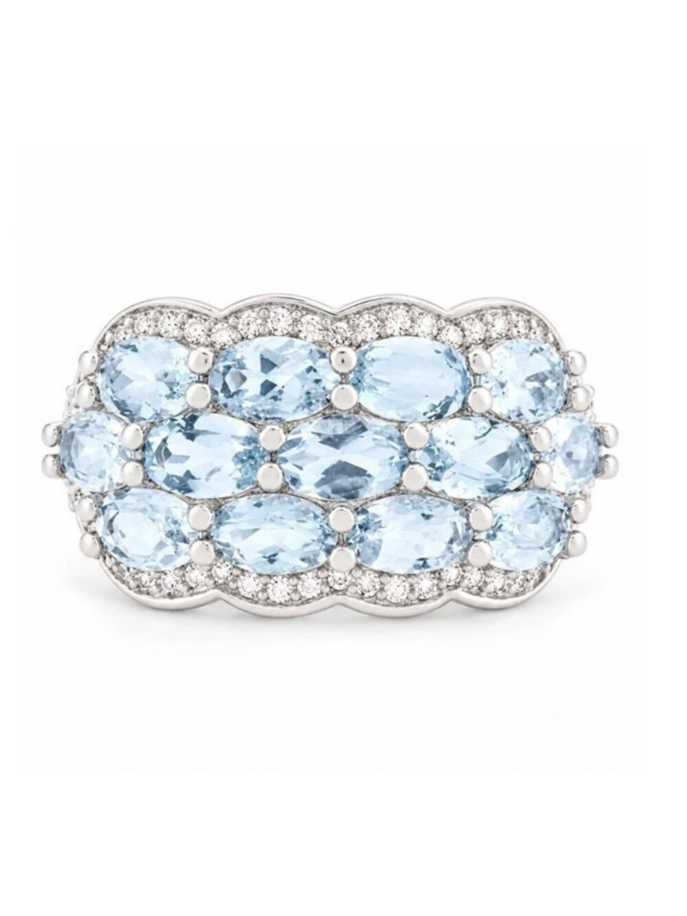 Genuine 3.25 Cts Aquamarine & White Sapphires Ring .925 Silver